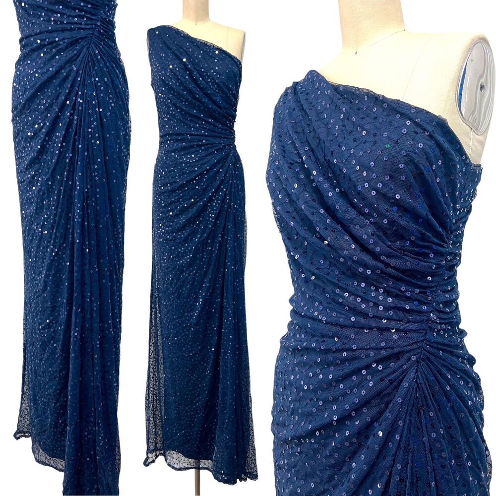VTG Y2K Cache One Shoulder Sequin Gown S Navy Maxi Side Slit Minimal Chic Dress